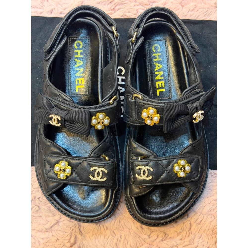 Chanel Black Quilted Lambskin Leather Dad Sandals Pearl CC Logo Bow 37C Italy